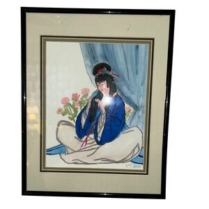 Original Watercolor Painting Framed Geisha Japanese Style Blue Kimono Art Signed